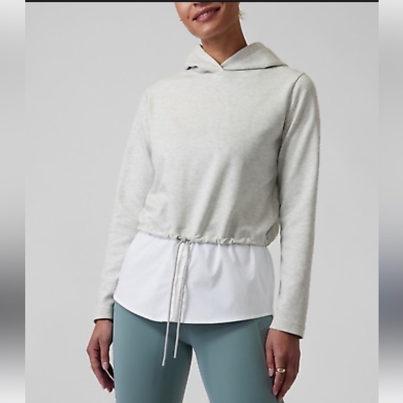 Athleta Hoodie Heather Gray & white Poplin Long Sleeve Tie waist Popover Top - Picture 2 of 12